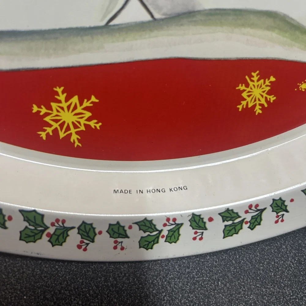 Christmas Tin Cookie Tray Vintage 90s 13in Round Tray Snowman Holly Mittens - Picture 2 of 5